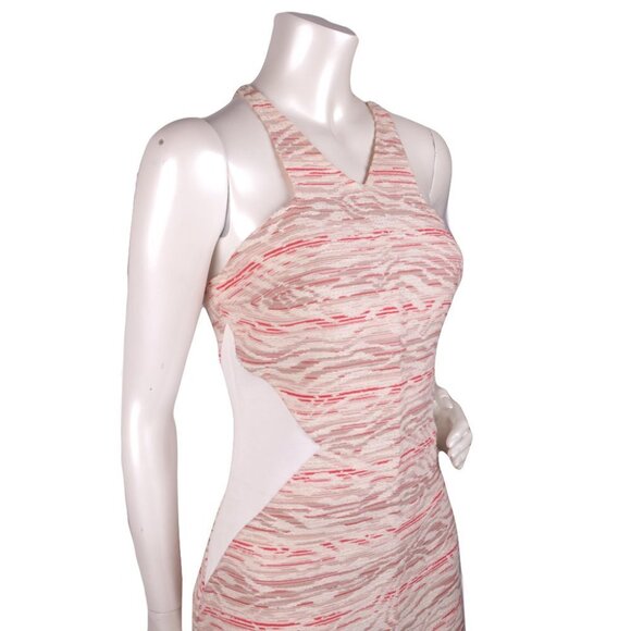 AS by DF Woven Short Dress Halter Neck Stretch Mesh Side Panel Cream Red Tan - Picture 4 of 9